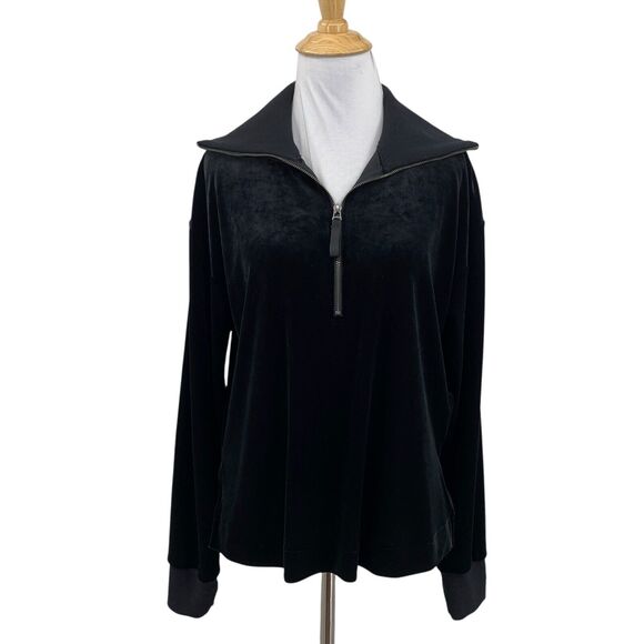 Spanx Sweatshirt Womens M Medium Black Half Zip Velvet Long Sleeve Stand Collar - Picture 1 of 10